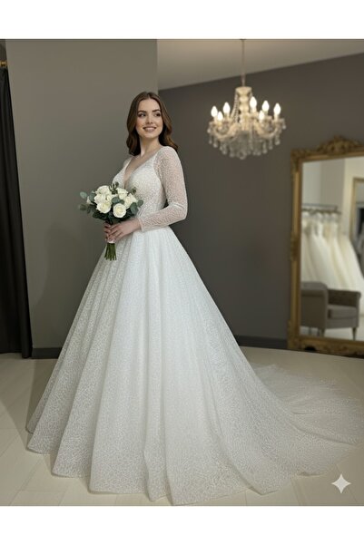 WONDER DESIGNER Uzun Kollu İnce İşlemeli İhtişamlı Prenses Gelinlik