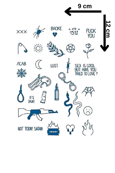 Barly 30 Gün / 1 Ay Kalıcı Karışık Figürlü 12 Saat Sonra Kararan Geçici Dövme Tattoo