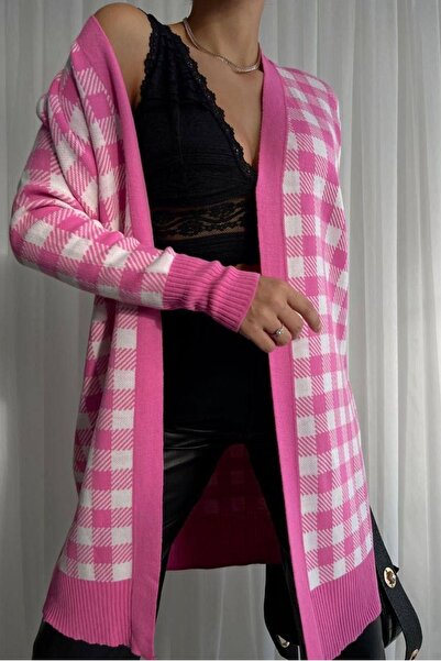 bayansepeti Women's Pink and White Square Patterned Long Knit Cardigan 069