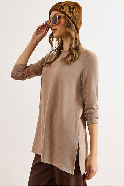 Olalook Kadın Bej Yanı Yırtmaçlı Bisiklet Yaka Salaş Bluz BLZ-19003147