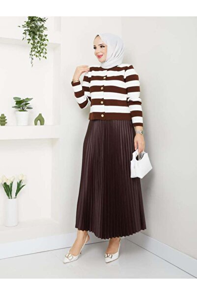 exxitcollection Γυναικείο Μαντίλι Πλεκτό Ζακέτα Πλισέ Φούστα Διπλό Σετ