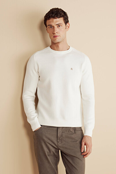 BROOKS BROTHERS Erkek Ekru %100 Pamuk Bisiklet Yaka Pike Örgü Çekiç Kol Kazak