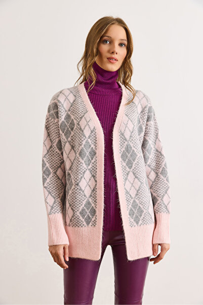 Olalook Women's Pink Baklava Pattern Soft Textured Thick Knitwear Cardigan Hrk-19000432