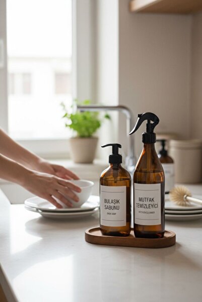 ANJEAHOME Bahia 2’li 500 ML Cam Amber Şişe Seti Standlı|Bulaşık Sabunu & Mutf...