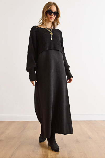 Olalook Kadın Siyah Kazak Elbise Triko Takım TKM-19000453