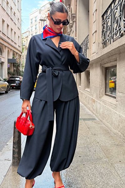 Ded COLLECTION Women's Belt Detailed Blazer Jacket Baggy Trousers Stylish Set