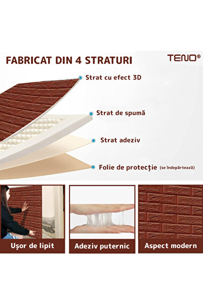 Teno Set of 10x 3D Brick Wallpaper Teno®, coverage area 5.3 m², self-adhesive, 70x77 cm, brown