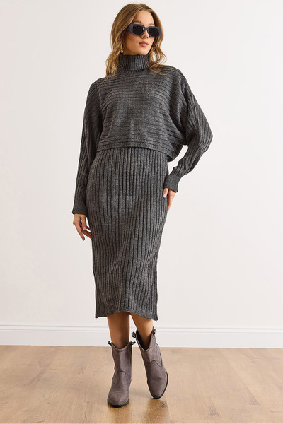 Olalook Жіночий антрацитовий плащ-капюшон Трикотажний комплект TKM-19000454