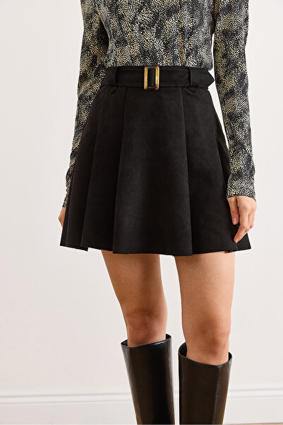 Olalook Kadın Siyah Yanı Fermuarlı Kemerli Pilise Mini Süet Etek ETK-19000361