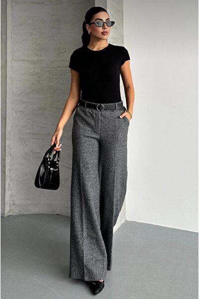 TRENDLİA Kadın Balıksırtı Desenli Bel Lastikli Cepli Kemerli Bol Paça Pantolon