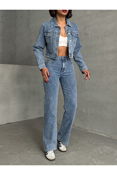 ADAMODA.RO Costum din denim elastic cu inserții din material textil