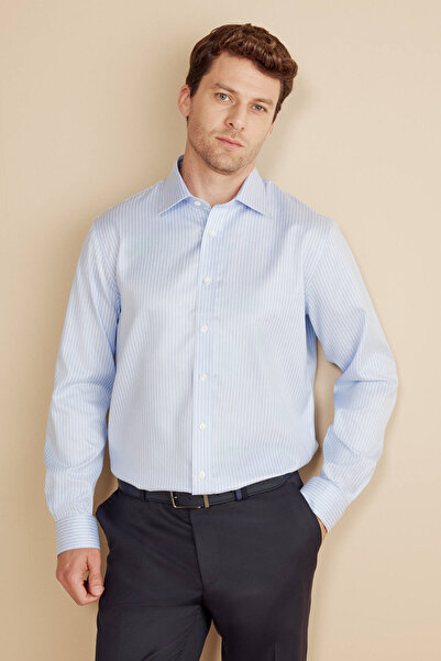 BROOKS BROTHERS Erkek Mavi-Beyaz %100 Pamuk Klasik Yaka Regular Fit Çizgili Non Iron Gömlek