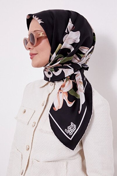 Levidor Trend Twill Eşarp LDT281 Çiçekli Desen 01-Siyah-Krem-Haki