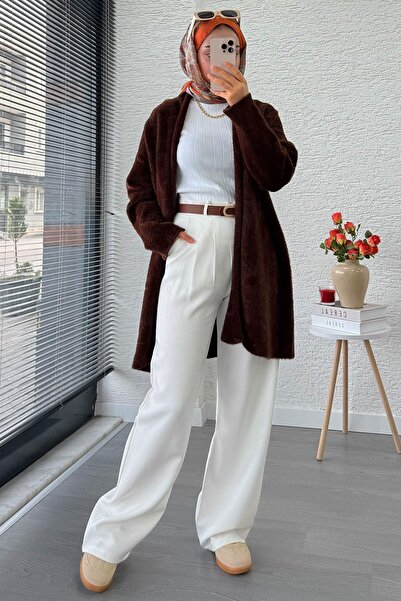 MELEK ARAZ Premium Layered Front Soft Women's Cardigan – Brown