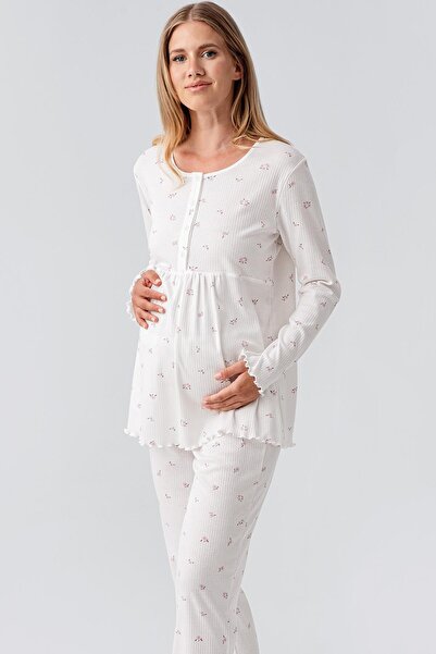 Artış Long Sleeve Patterned Buttoned Flexible Cotton Maternity Pajama Set