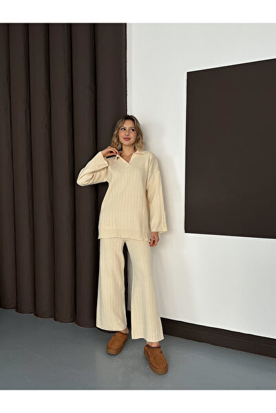 MODAMERSİ Women's Ecru Polo Neck Top and Bottom Knitwear Set