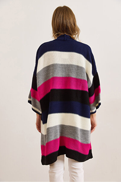 Olalook Women's Black Navy Blue Colored Thick Striped Knitwear Cardigan Hrk-19000337