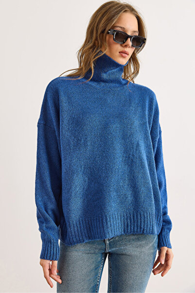 Olalook Pulover tricotat cu textura moale pentru femei, indigo, cu gât roșu, KZK-19001036