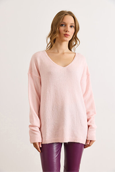 Olalook Women's Powder V-Neck Soft Textured Knitwear Sweater Kzk-19000598