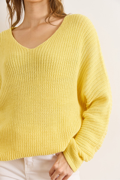 Olalook Kadın Açık Sarı V Yaka Selanik Örgü Oversize Triko Tunik TNK-19000081