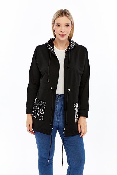 Curvy Trend Plus Size 2 Thread Fabric Tunic Jacket with Sequin on Hood and Pockets