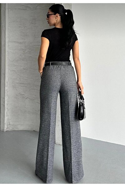 TRENDLİA Kadın Balıksırtı Desenli Bel Lastikli Cepli Kemerli Bol Paça Pantolon