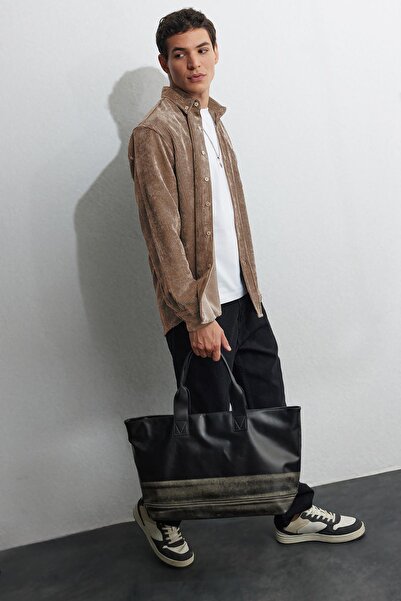 Tudors Erkek Regular Fit Rahat Kesim Fitilli Kadife Görünüm Düğmeli Yaka Açık Kahve Ceket Gömlek