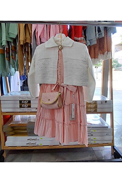 GÜVEN 5/8 YAŞ KIZ ELBİSE ÇANTALI HIRKALI BRODE SIRALI ÇİÇEKLİ