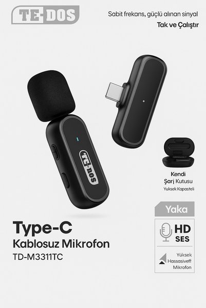 TE DOS Type-C Akıllı Kablosuz Yaka Mikrofonu HD Ses Kalitesi Tak ve Çalıştır Yüksek Hassasiyetli Mikrofon