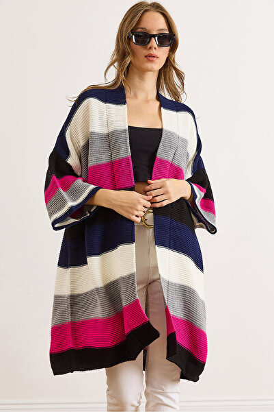 Olalook Women's Black Navy Blue Colored Thick Striped Knitwear Cardigan Hrk-19000337