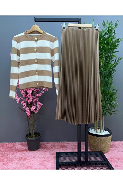 exxitcollection Kadın Tesettür Triko Hırka Piliseli Etek İkili Takım