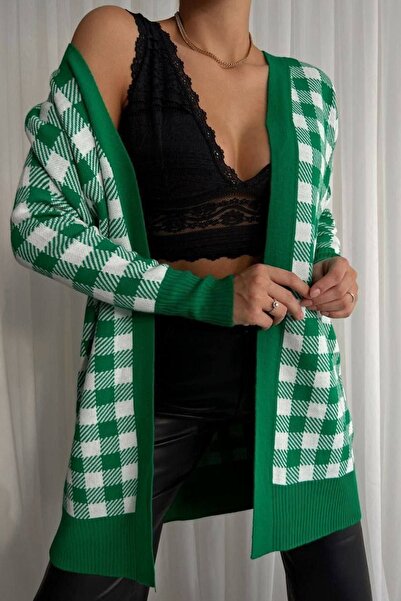 bayansepeti Women's Green and White Square Patterned Long Knit Cardigan 069