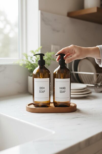 ANJEAHOME Bahia 2’li 500 ML Cam Amber Şişe Seti Standlı|DISH SOAP & HAND SOAP...