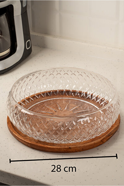 Decoplay Cam Salata Kasesi ve Tepsi Seti Büyük Boy 28 cm – Ahşap Tepsili Cam Salata Kase Seti