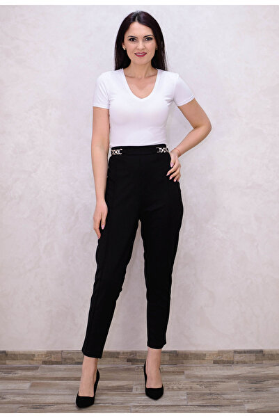 Elis Fashion Women's black plus size high waisted pants with silver accessories