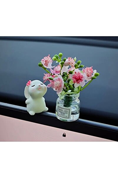 est-co زينة سيارة ثلاثية الأبعاد على شكل أرنب صغير وفازة مزينة بالزهور، إكسسو...