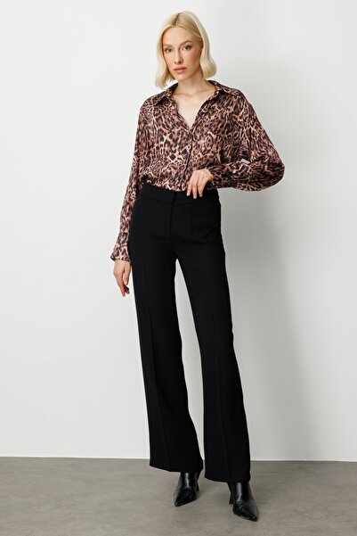 Ekol Krep Kumaş Bol Paça Pantolon Siyah 1031-26k