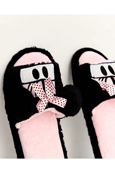 LAMİNTA Black and Pink Plush House Slippers with Pompoms