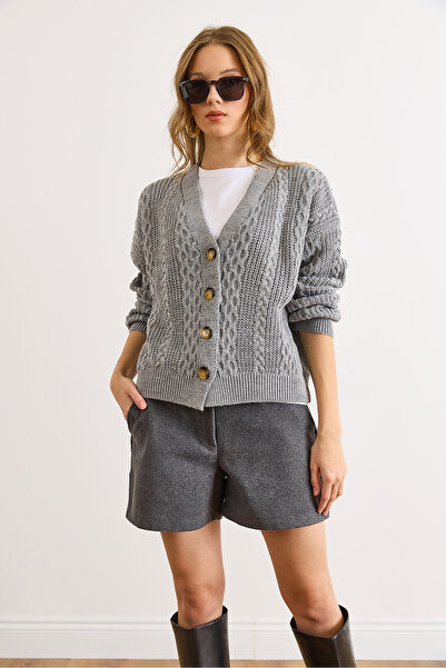 Olalook كارديجان نسائي محبوك بتفاصيل تريكو وياقة على شكل حرف V باللون الرمادي HRK-19000434