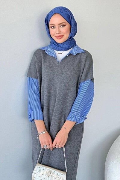 Bahar Altundemir Kadın Oversize Gömlekli Triko Uzun Elbise