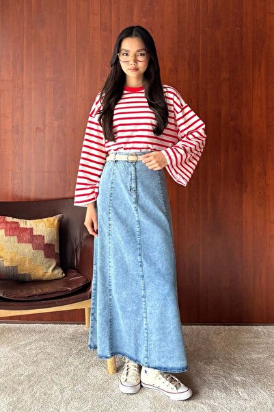 Ceylan Otantik Ice Blue Denim Flared Skirt