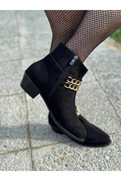 LOVE SHINE Chai Büyük Numara Zincir Detaylı Kısa Topuklu Kadın Bot Şık ve Konforlu