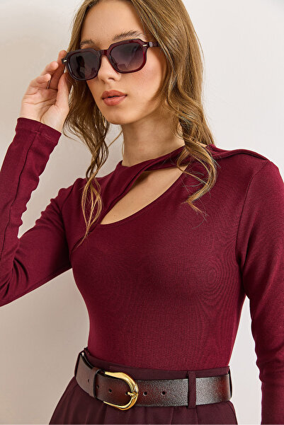 Olalook Women's Burgundy Cotton Modal Drop Neckline Stretchy Blouse Blz-19003130