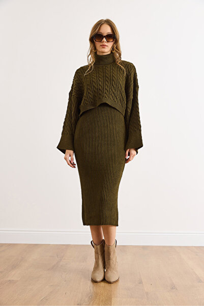 Olalook Kadın Haki Saç Örgülü Kazak Elbise Triko Takım TKM-19000455
