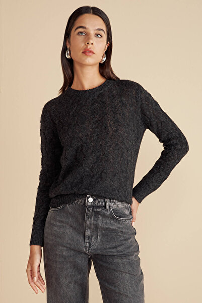 BROOKS BROTHERS Kadın Siyah Yün Karışımlı Bisiklet Yaka Saç Örgü Yün Kazak