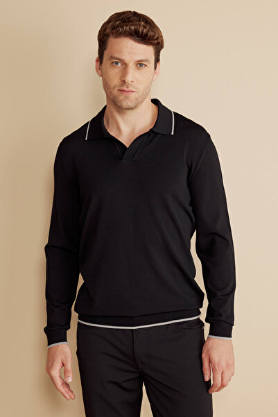 BROOKS BROTHERS Erkek Siyah Düğmesiz Polo Yaka Etek ve Kol Ucu Çizgili Rayon ...