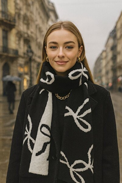 FELLMENS Eșarfă de lână pentru femei, tricotat cu model pe două fețe, negru ecru