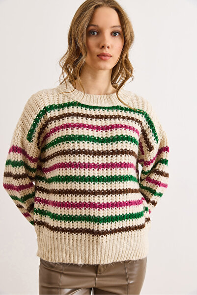 Olalook Women's Stone Fuchsia Colored Striped Thick Soft Textured Knitwear Sweater Kzk-19000917