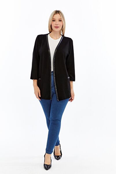 Curvy Trend Plus Size Leather Paneled Pocket Soft Flowy Fabric Cardigan