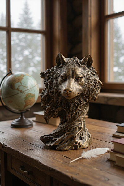 hediyeburda Kurt Heykeli Büst Kafa Ofis Hediyelik 28 CM